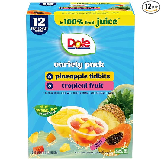 Dole Pineapple Tidbits and Tropical Fruit in 100% Juice Variety Pack - Dole Fruit Bowls Snacks - 4 oz Bowls - 12 Pack