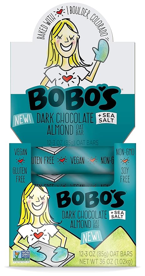 Bobo's Oatmeal Bars, Dark Chocolate Almond Sea Salt, Gluten Free Vegan Whole Grain Oat Bars, Pack of 12