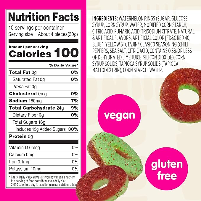 Snak Club Watermelon Rings, Tajin Chili & Lime Seasoned, Sweet and Spicy Gummy Candy, Mild in Heat Bold in Flavor, Low-Fat, Vegan, Gluten-Free Snack, Family Size, 11 Ounce