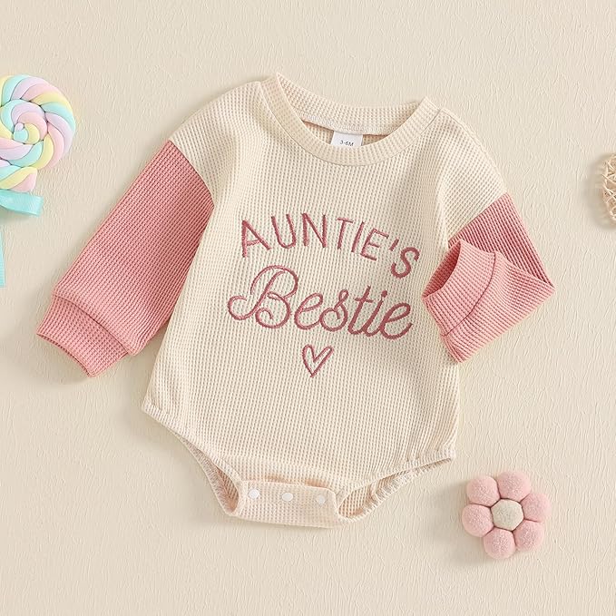 SAYOO Aunties Bestie Baby Girl Clothes Letter Embroidery Waffle Color Block Sweatshirt Bodysuit Fall Bubble Romper Pullover