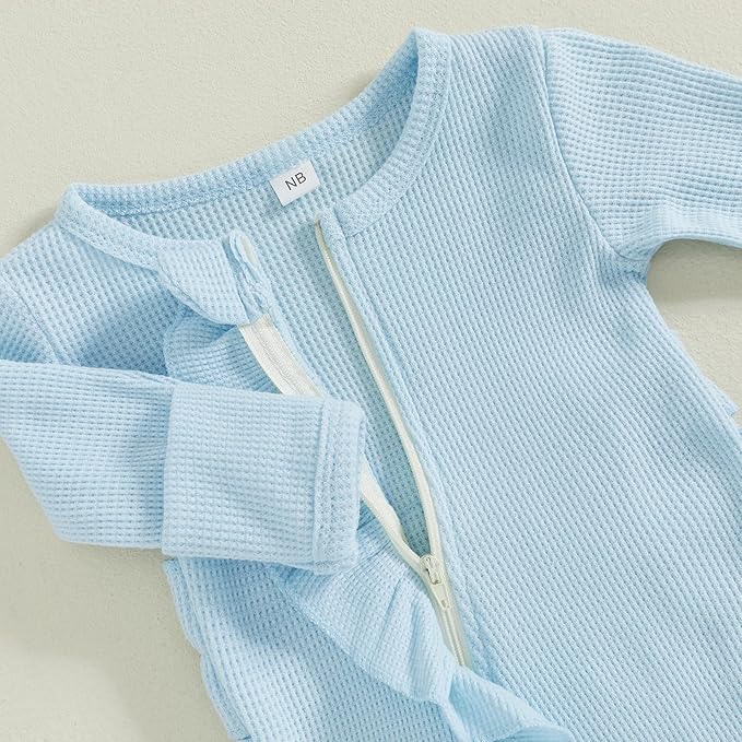 Fanvereka Newborn Infant Baby Girl Fall Outfit Romper 3 6 12 Months Girls Long Sleeve Full Length Zipper Footie Headband