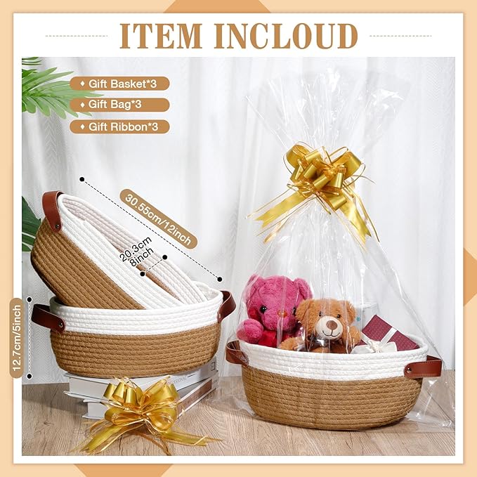 3 Pack Small Woven Basket for Gifts with Handles Clear Bags and Ribbons Empty Storage Basket Decorative Chest Box for Birthday Present Baby Shower Wedding(White and Dark Brown,12"x 8"x 5")