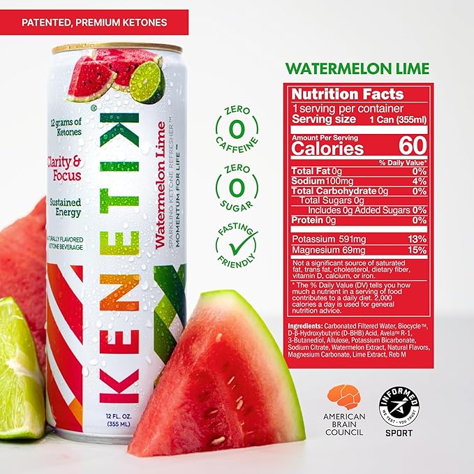 NEW! KENETIK Nootropic Ketone Drink, Ketones for Energy & Focus, Caffeine & Sugar Free, High Performance D-BHB Ketone Mix, Fuel w/Zero Crash or Jitters, Ready to Drink - Watermelon Lime 6 Pk