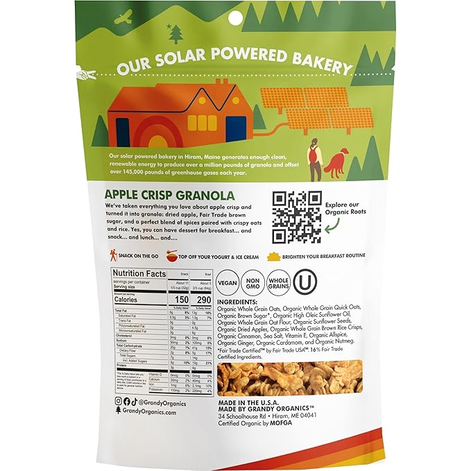 Grandy Organics Apple Crisp Granola, Certified Organic, Gluten Free, Non-GMO, Kosher, Plant Based Protein Granola, 12oz Each, Pack of 6