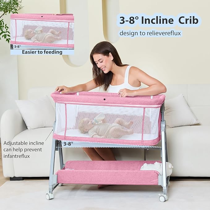 3-in-1 Baby Bassinet Bedside Sleeper with Wheels Bedside Bassinet for Newborn and Infant with Mattress and Storage Basket | Adjustable Height & Angle (13.5-18") | ASTM/CPSIA Certified (Pink)