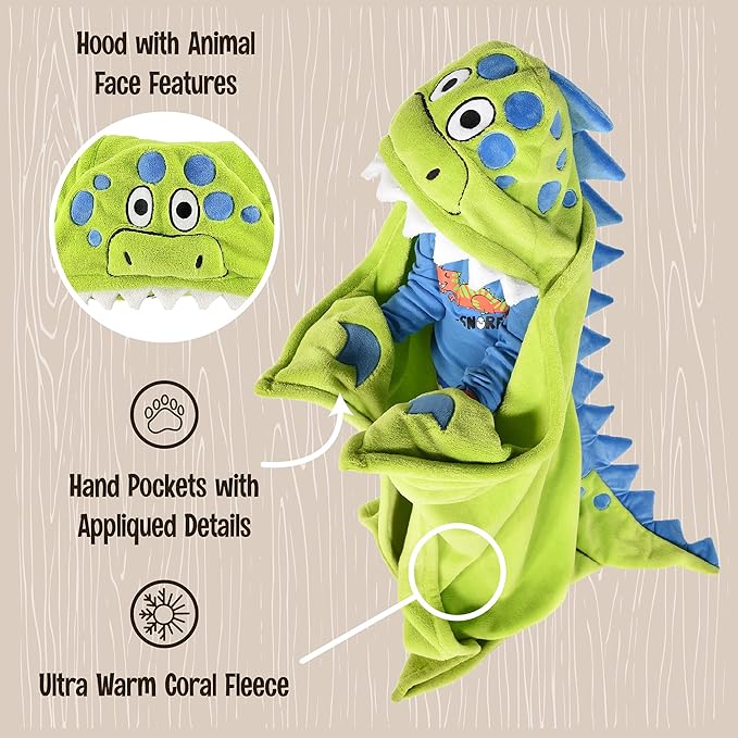 Lazy One Wearable Hooded Blanket for Kids, Animal Hooded Blanket (Dinosaur)