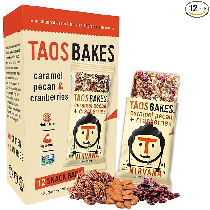 Taos Bakes - Caramel Pecan + Cranberries - Breakfast Bars - 5g Fiber & Gluten Free - Healthy Snacks for Adults - Filled with Pecans, Cranberries, Sesame Seeds, & Chia Seeds - (12 Pack, 1.8oz Bars)