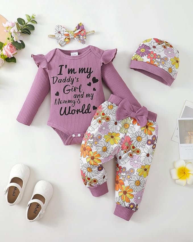 SUNNY PIGGY Baby Girl Clothes Newborn Outfits Infant Ruffle Romper 0-18M Fall Winter Flower Plaid Pants Clothing Set