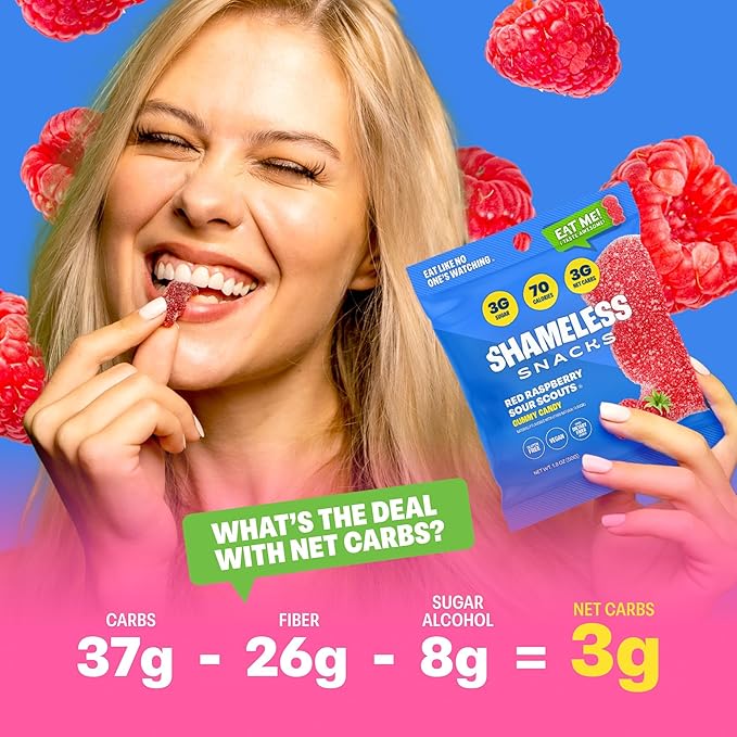 Shameless Snacks - Healthy Low Calorie Snacks, Low Carb Keto Gummies (Gluten Free Candy) - 6 Pack Red Raspberry Sour Scouts