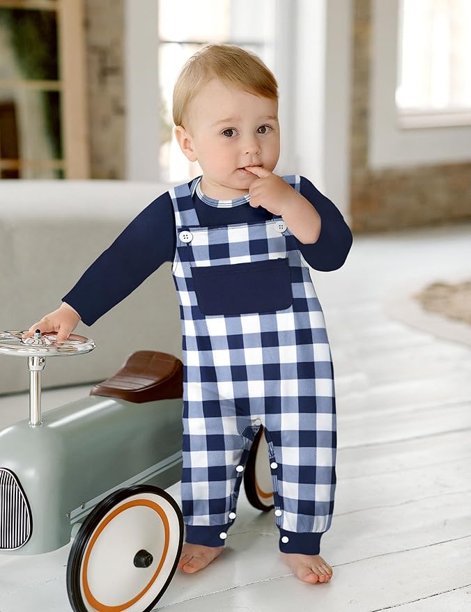 Baby Boy Clothes Long Sleeve Animal Plaid Romper + Overalls Infant Boy Clothes 2PCS Fall Winter Outfits