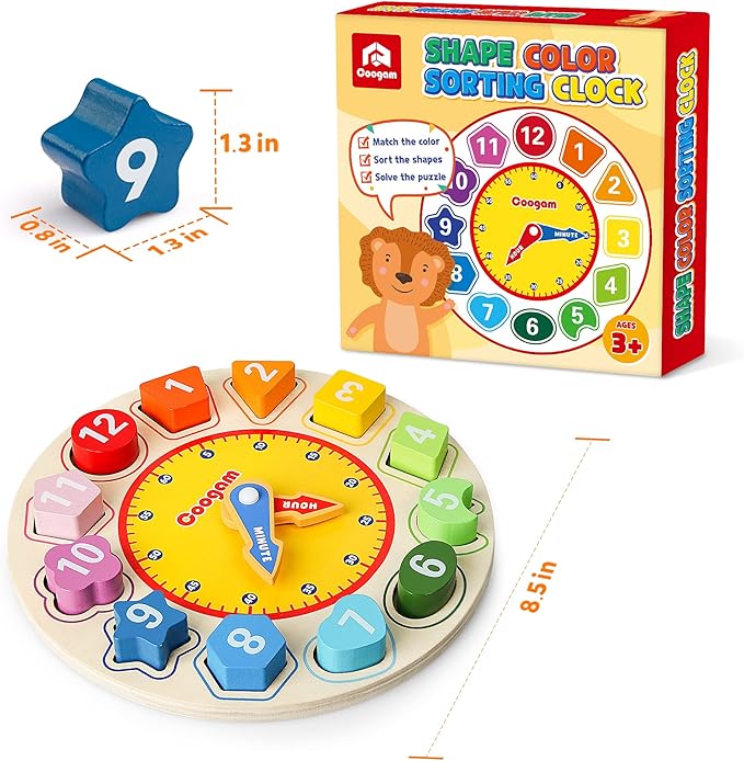 Coogam Wooden Shape Color Sorting Clock – Teaching Time Number Puzzle Stacking Sorter Jigsaw Montessori Early Learning Educational Toy Gift for Year Old Kids