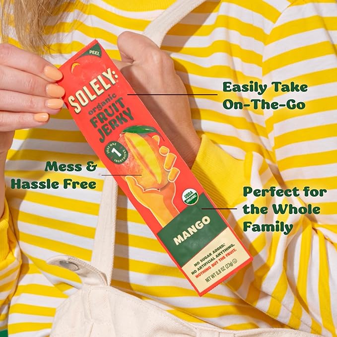 SOLELY - Organic Mango Raspberry Fruit Jerky - 12 Individually Wrapped Fruit Strips - Fruit Leather - Healthy Snacks for Adults & Kids - Non GMO, Vegan Snacks - 0.8oz (23g)