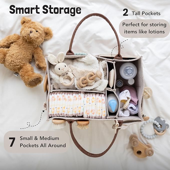 Lily Miles Baby Diaper Caddy Organizer, Nursery Storage Basket for Newborn Essentials, Neutral Gift for Baby Shower, Registry Must-Have, Car Organizer for Diapers and Wipes - Sand, Large