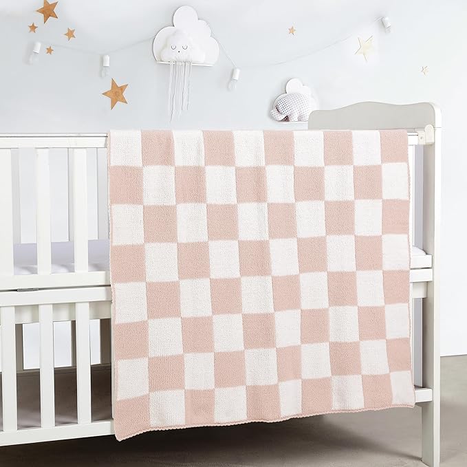 CREVENT 30"X40" Cozy Soft Warm Chenille Baby Blanket for Girls Boys, Newborn Essentials for Infant, Baby Shower Receiving Gift - Checked Pink 75X100cm
