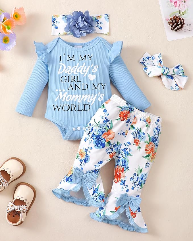 SUNNY PIGGY Newborn Baby Girl Clothes Infant Outfits Romper Floral Fall Outfit Bell Bottoms Pant Sets Hat Headband Flowerpant