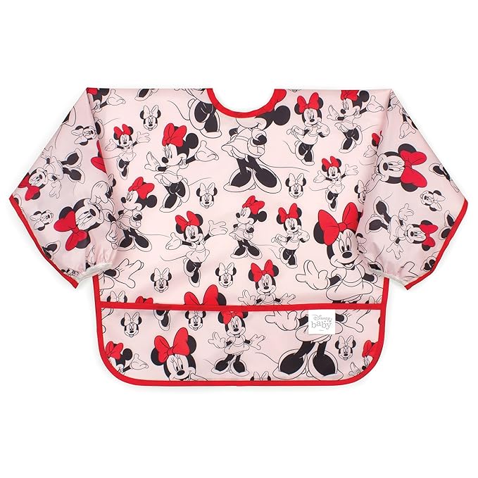 Bumkins Disney Bibs, Baby and Toddler Girls and Boys 6-24 Months, Long Sleeve, Essential Must Have for Eating, Feeding, Mess Saving Lightweight Waterproof Fabric Sleeved Smock, Minnie Mouse Classic