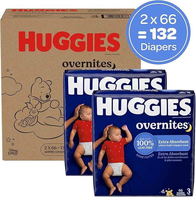 Huggies Size 3 Overnites Baby Diapers: Overnight Diapers, Size 3 (16-28 lbs), 132 Ct (2 Packs of 66), Packaging May Vary