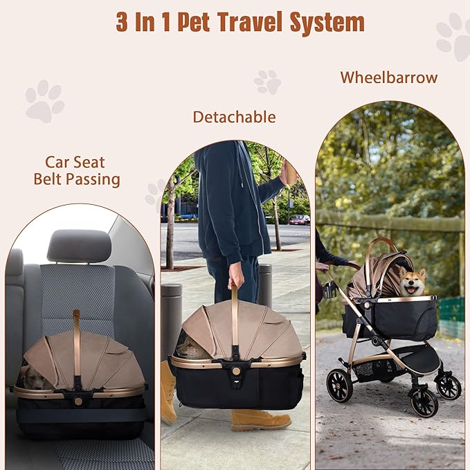 3 in 1 Multifunction Pet Stroller for Small Medium Dogs Cats, No-Zip Dog Stroller with Detachable Carrier & Cup Holder, One-Hand Quick Fold, 4 Wheels Travel Foldable Aluminum Alloy Frame Up to 33 lbs