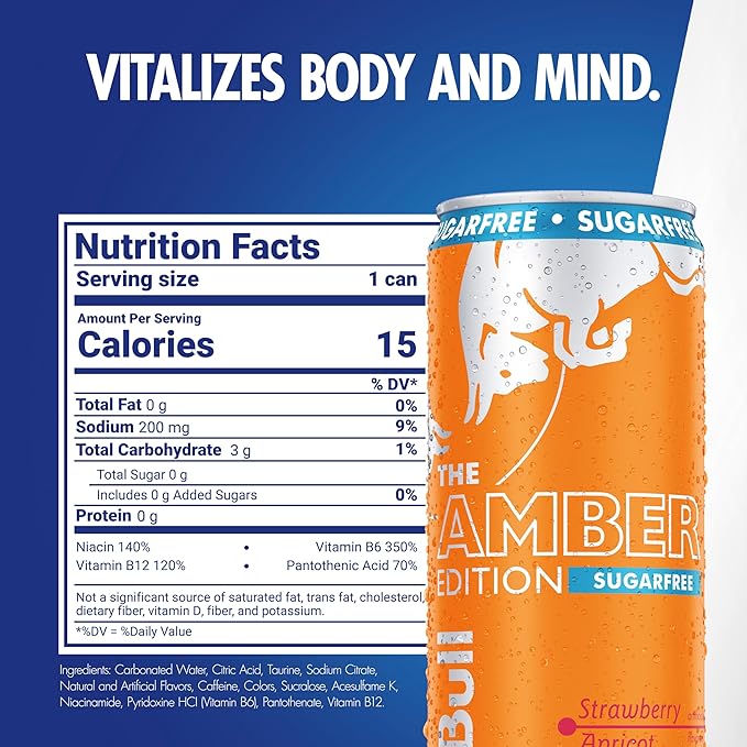 Red Bull Amber Edition Sugar Free Energy Drink, Strawberry Apricot, with 114mg Caffeine plus Taurine & B Vitamins, 12 Fl Oz, 6 Packs of 4 Cans (Pack of 24)