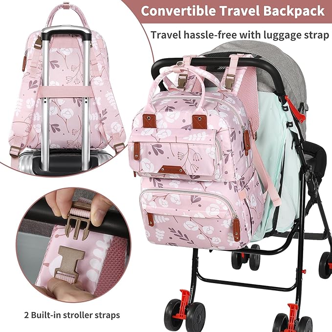 Diaper Bag Backpack for Baby Girl, Multifunction Waterproof Diaper Bag for Mom Dad, Large Pink Floral Baby Diaper Bags, Baby Essentials Travel Bag with Stroller Straps, Large Capacity, Stylish