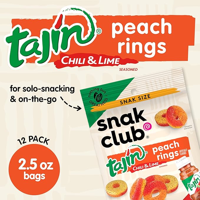 Snak Club Tajin Peach Rings Gummy Candy, Fruit Candy Gummies with Chili and Lime Seasoning, Mild, Gluten-Free and Vegan Snacks, 2.5 oz Snack Bags, 12 Pack