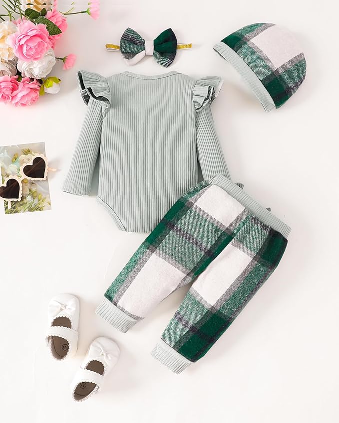 SUNNY PIGGY Baby Girl Clothes Newborn Outfits Infant Ruffle Romper 0-18M Fall Winter Flower Plaid Pants Clothing Set