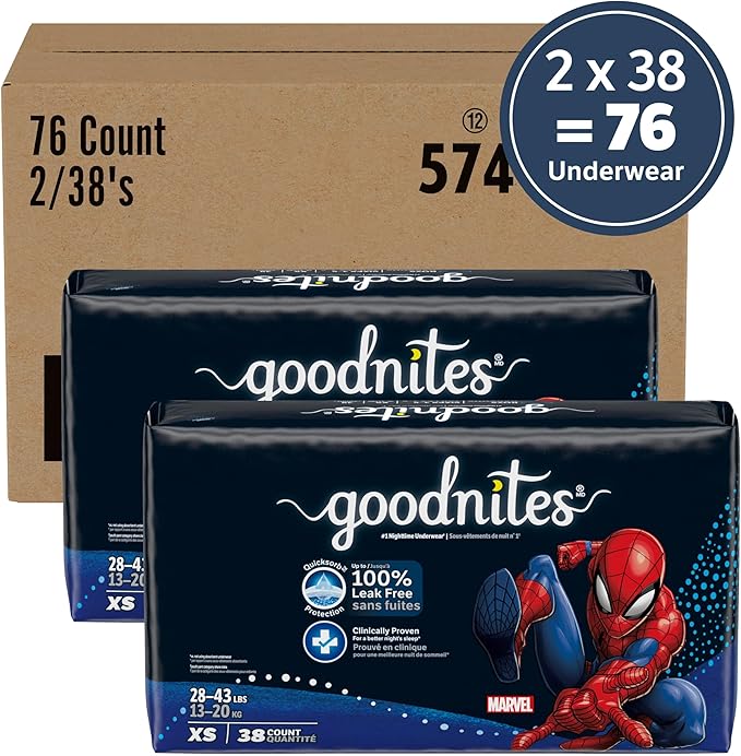 Goodnites Boys' Nighttime Bedwetting Underwear, Size Extra Small (28-43 lbs), 76 Ct (2 Packs of 38), Packaging May Vary