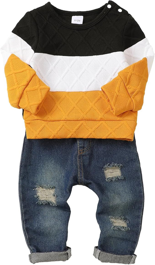 NZRVAWS Toddler Baby Boy Clothes Pullover Sweater Ripped Jean Sweatsuit Little Boy Outfit Fall Winter Clothing Set 6M-7T