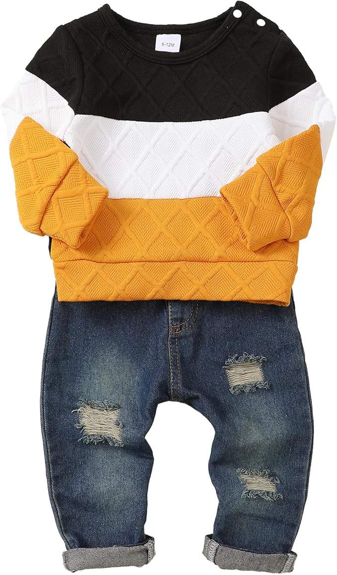 NZRVAWS Toddler Baby Boy Clothes Pullover Sweater Ripped Jean Sweatsuit Little Boy Outfit Fall Winter Clothing Set 6M-7T