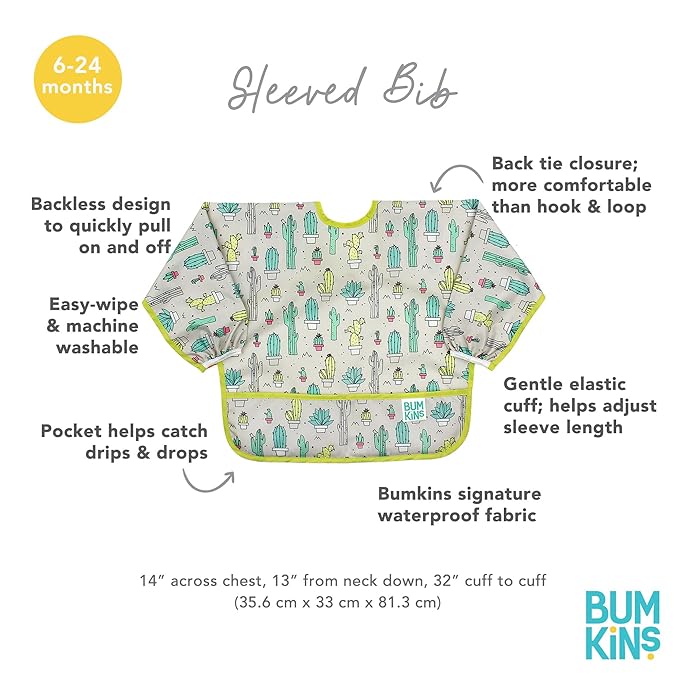 Bumkins Sleeved Bib for Girl or Boy, Baby and Toddler for 6-24 Mos, Essential Must Have for Eating, Feeding, Baby Led Weaning Supplies, Long Sleeve Mess Saving Food Catcher, Soft Fabric, Cactus Green