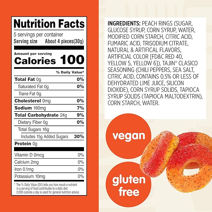 Snak Club Tajin Peach Rings Gummy Candy, Fruit Candy Gummies with Chili and Lime Seasoning, Mild, Gluten-Free and Vegan Snacks, 5 oz Resealable Bags, 6 Pack