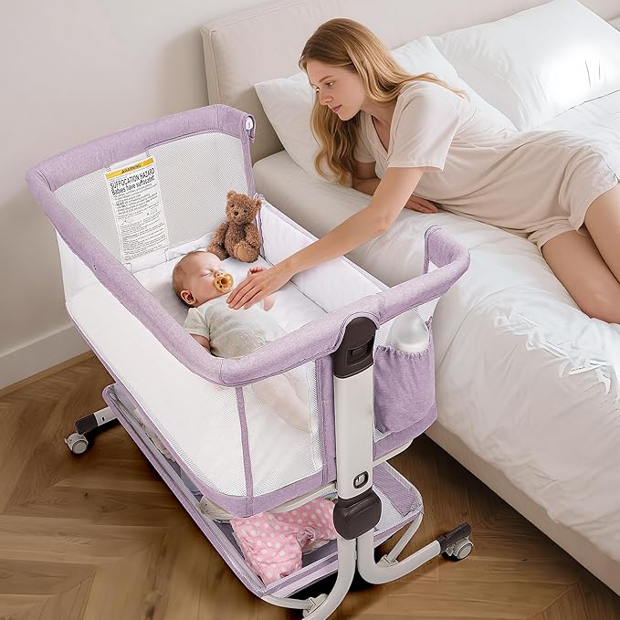 Baby Bassinet Bedside Sleeper, Upgraded Stability Bedside Crib with Full Mesh Sides, Soft Sheet, 6-Height Adjustment, Storage Basket, Easy Folding Portable Bassinet for Newborns,Pinkish Purple