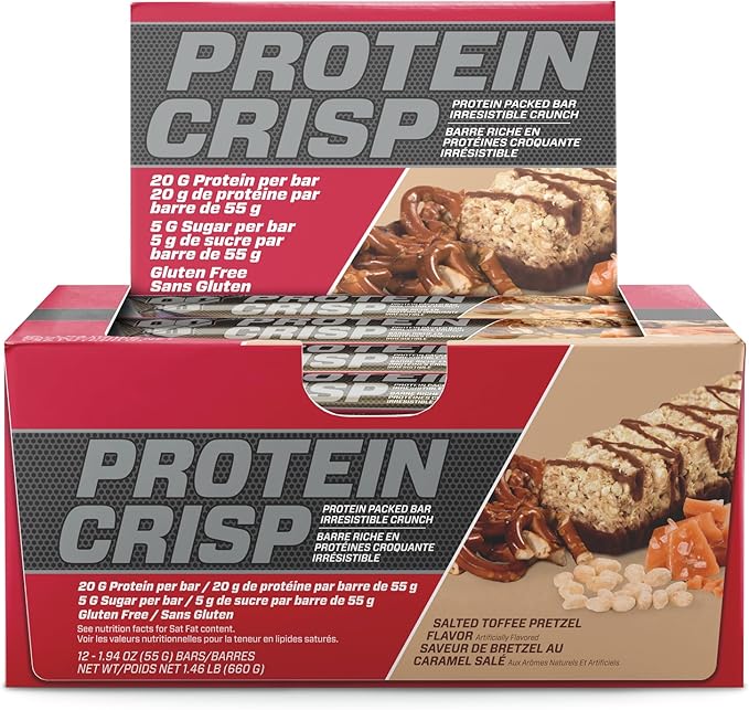 BSN Protein Crisp Bar, Salted Toffee Pretzel, 20 Gram Protein Snack Bars with Whey and Fiber, Gluten-Free Crunchy Energy Bars for Workout, Fitness, On-the-Go, 12 Count