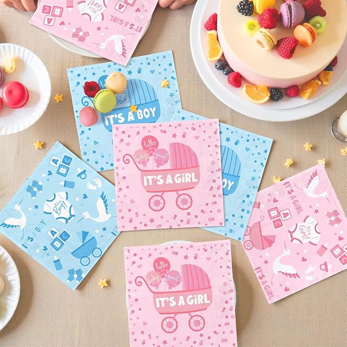 Baby Gender Reveal Decorations for 24 Guests - Boy or Girl Decorations Kit Including Disposable Plates, Napkins, Cups, Tablecloth & Banner for Baby Shower Party Decorations