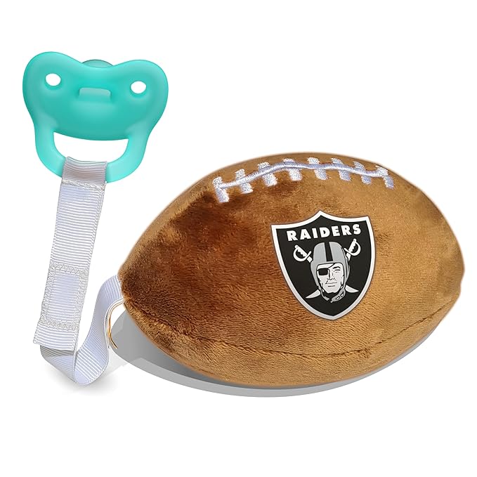 Las Vegas Raiders Plush Football Pacifier Holder with Newborn Paci by Smilo - Officially Licensed NFL Soother Holder - Soft Plush Toy and Binky - Fits Any Pacifier - NFL Baby Essential