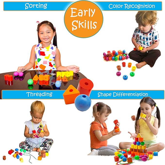 Skoolzy Rainbow Lacing Beads & Nuts and Bolts - 24 Piece Shape Sorter and 37 Piece Color Recognition Montessori Toy Sensory Bundle for 36+ Months Toddlers & Occupational Therapy Fine Motor Skills Game