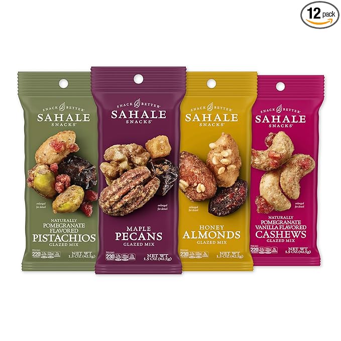 Sahale Snacks Glazed Mix Nut Blend Variety Pack, 1.5 Oz Grab & Go Bags (12 Total Packs) - Four Different Dry-Roasted Deluxe Mixed Nuts Blends Included - Non-GMO Kosher & Certified Gluten-Free Snacks