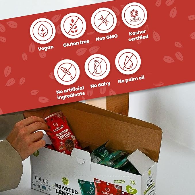 Nutruit Roasted Lentil Snacks - Tasty Snack Box with Vegan, Gluten Free, Non-GMO, High Protein, Low Calorie, Healthy On-The-Go Low Calorie Lentils Snacks - 1.2oz Packs (20-Pack Variety Box)