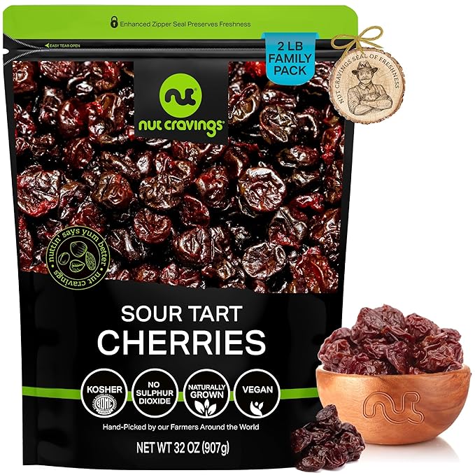 NUT CRAVINGS - Sun Dried Sour Tart Cherries, Lightly Sweetened (32oz, 2 LB) Bulk Dry Fruits Packed Fresh in Resealable Bag - Sweet Healthy Snack, Naturally Grown, Vegan, Kosher