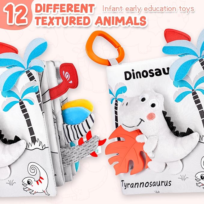 Dinosaur Fabric Book- Crinkle Sound, Touch & Feel, Press Squeaker with Soft Tail Plus Teether Feature - Baby Books Toys for Newborn Infants 0-12 Months (Teether Safe, Machine Washable)