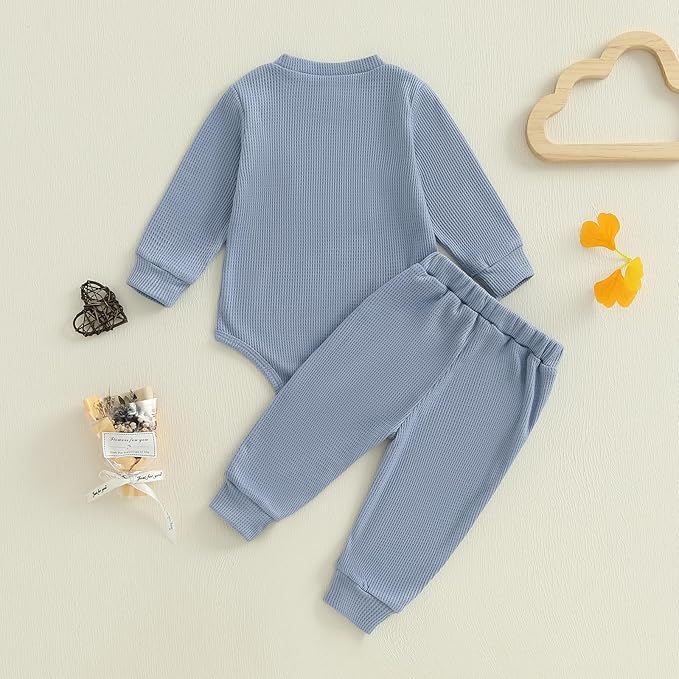 Kupretty Baby Boy Clothes 3 6 12 18 Months Fall Winter Outfit Mama's Boy Embroidery Waffle Long Sleeve Romper Pants Set