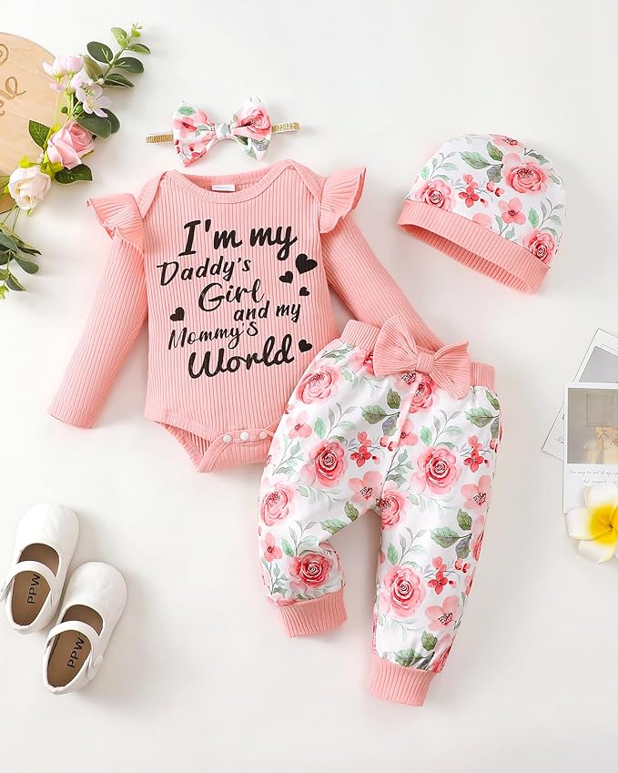 SUNNY PIGGY Baby Girl Clothes Newborn Outfits Infant Ruffle Romper 0-18M Fall Winter Flower Plaid Pants Clothing Set