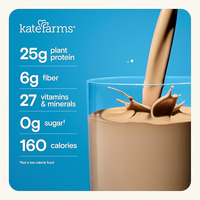 KATE FARMS Organic High Protein Chocolate Nutrition Shake, 25g Protein, 6g Fiber, 27 Vitamins and Minerals, 0g Sugar, Protein Drink, 11 oz (12 Pack)