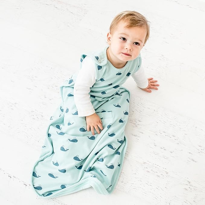 Woolino Ultimate Sleep Sack - 4 Season - Merino Wool and Organic Cotton Two-Way Zipper Adjustable Sleeping Bag - Universal Size Sleep Sack for Baby (2-24 Months) - Whales