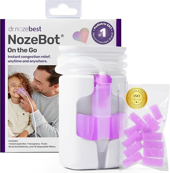 Dr. Noze Best NozeBot On The Go Nasal Aspirator - Pediatric ENT Designed Electric Nose Sucker for Babies and Toddlers, Portable and Easy to Clean, Battery Powered Relief for Mild Congestion