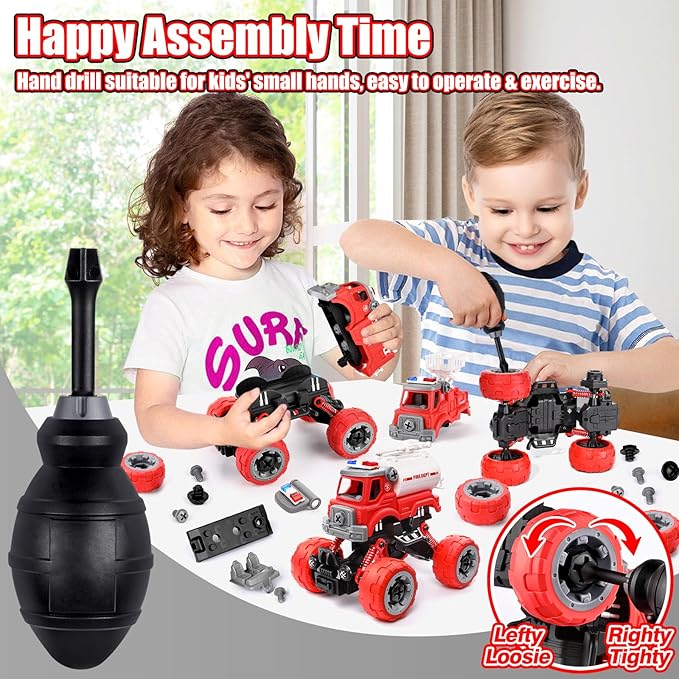 LUDILO 4PCS Fire Truck Toys for 3 4 5 Year Old Boy Birthday Gifts DIY Assembly Take Apart Firetruck with Electric Drill Stem Building Toys Xmas Bday Gifts 3 4 5 6 Year Old Boys Girls Kids Toddler Toys