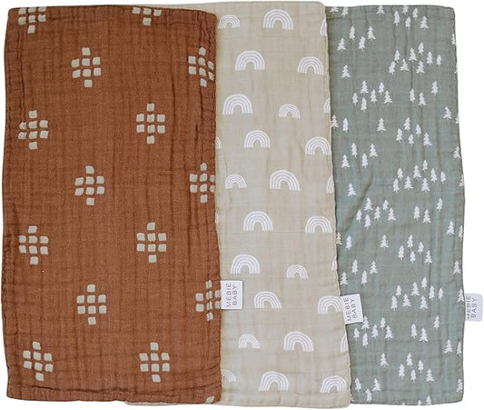 Mebie Baby Burp Cloths, Woods Print 3-Pack, Muslin Burp Cloth Set for Spit Up, Drool, and More, Boho Burp Cloths for Baby Boy and Girl, Baby Must Haves for Registry Lists and Gifts for Newborns