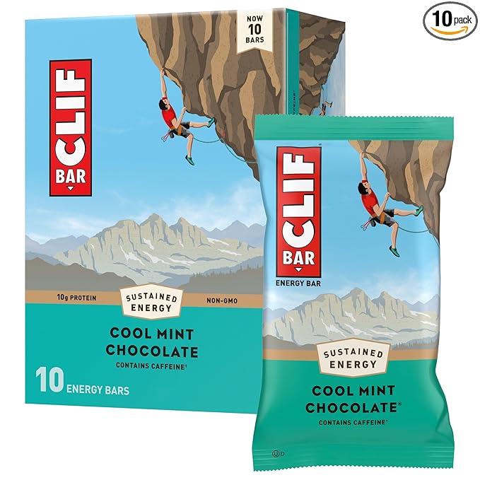 CLIF BAR - Cool Mint Chocolate with Caffeine - Made with Organic Oats - Energy Bars - Non-GMO - Plant Based Protein Bars (10 Pack)