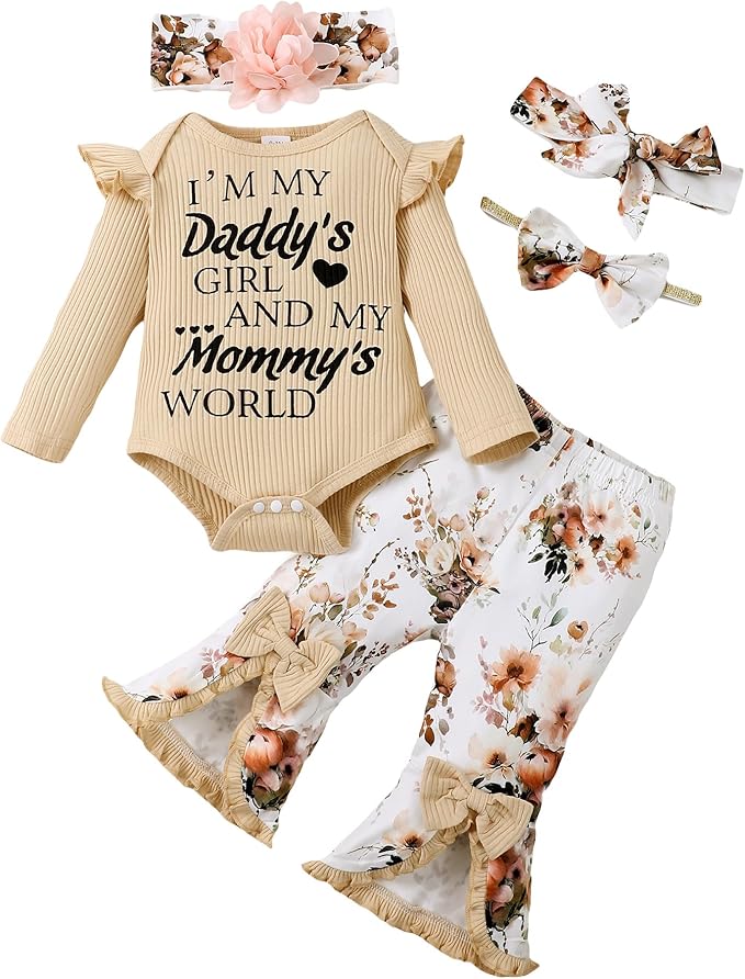 SUNNY PIGGY Newborn Baby Girl Clothes Infant Outfits Romper Floral Fall Outfit Bell Bottoms Pant Sets Hat Headband Flowerpant