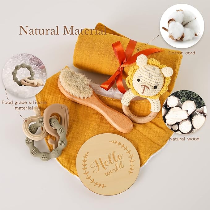 Baby Boy Gift Set New Born Shower Gifts, Baby Essentials Basket Stuffers Baby Bath Set with Muslin Baby Blanket, Teething Toys, Drool Towel, Wood Brush & Rattle, Newborn Welcome Baby Gift Box Set